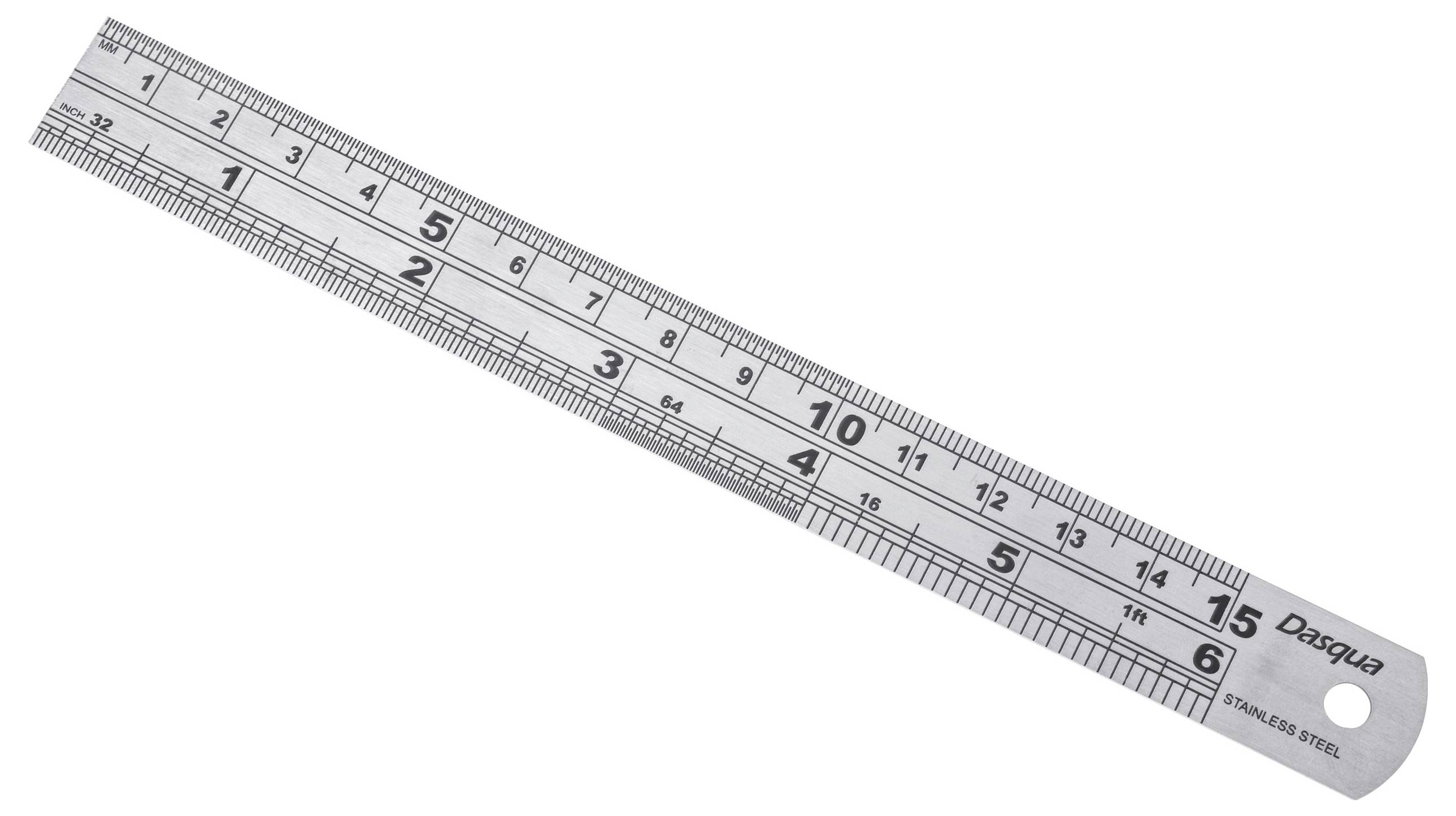 Nerjavno jekleno ravnilo, ki prikazuje meritve v palcih in centimetrih, označeno od 1 do 15 za centimetre in od 1 do 6 za palce.
