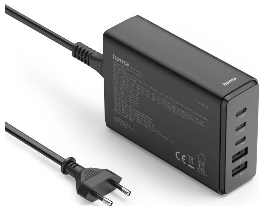 Hama USB polnilna postaja 140 W Power Delivery, Quick Charge 2.0, Quick Charge 3.0 črna vtičnica Qualcomm Quick Charge 3-1