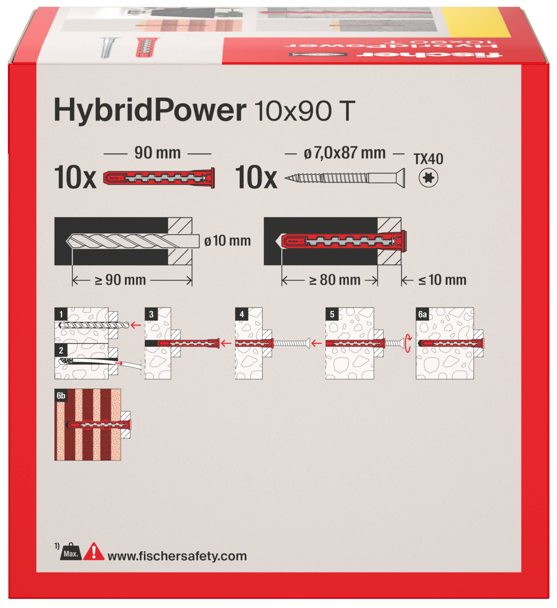 Nalepka na embalaži za »HybridPower 10x90 T« z diagrami za namestitev vijakov in sidrišč, velikostmi in zahtevami za globino vrtanja.