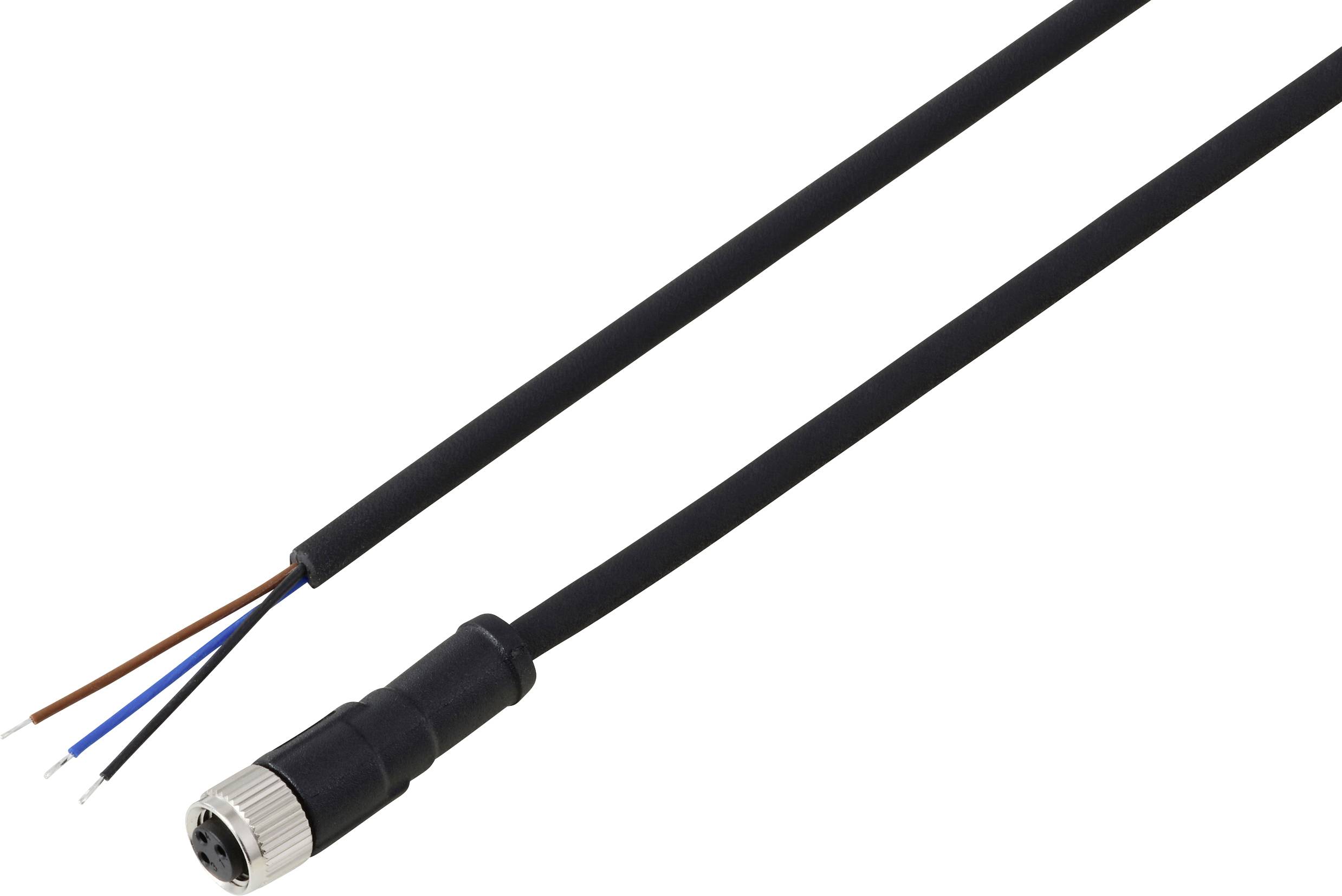 Črn kabel s priključkom na enem koncu in štirimi golimi žicami na drugem: črno, modro, belo in rjavo.