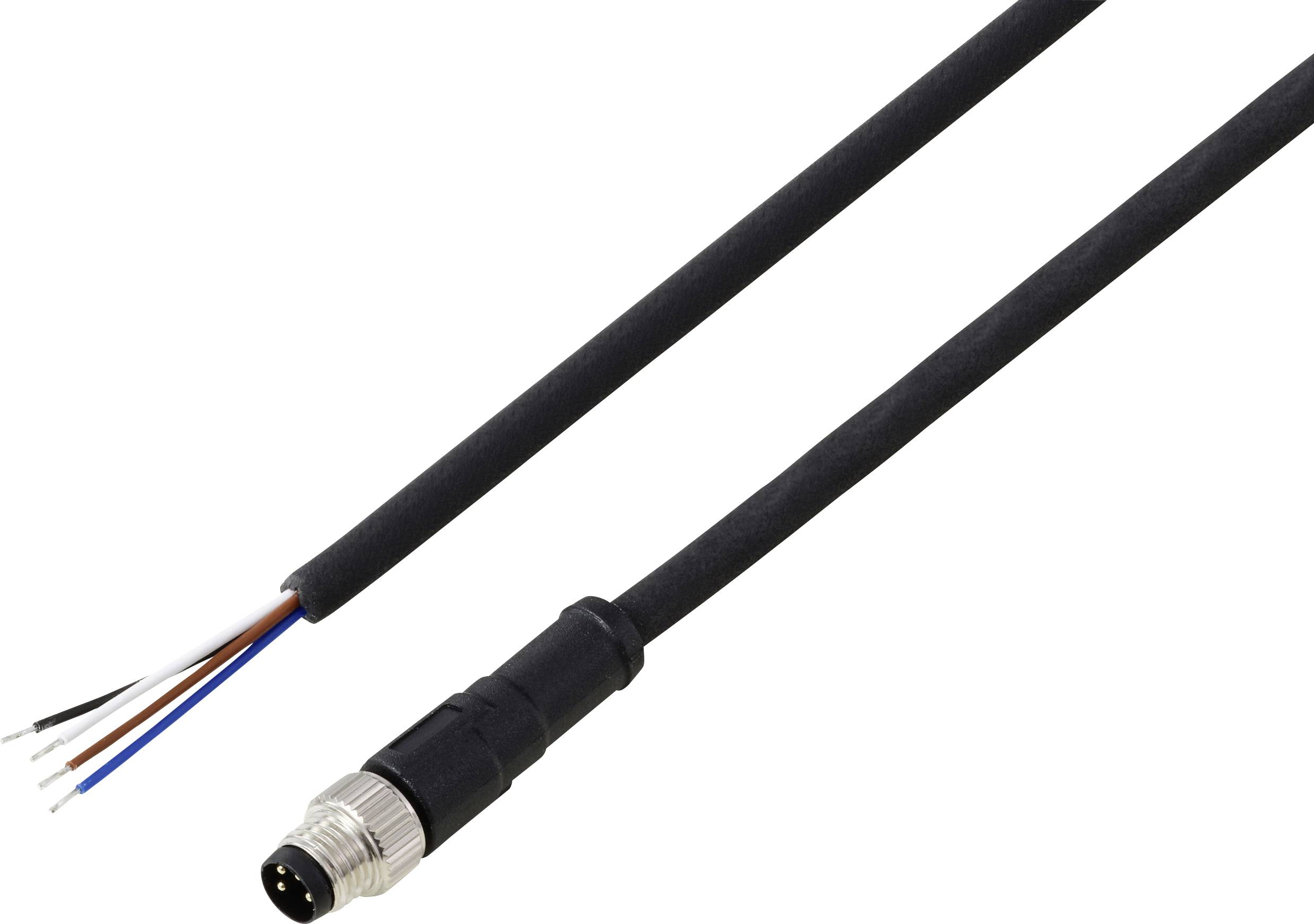 Črn kabel z kovinskim priključkom na enem koncu in izpostavljenimi žicami na drugem koncu, ki prikazuje modre, črne, rdeče in bele žice.