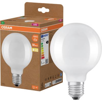 OSRAM LED svetilka, prikazana poleg svoje rjave embalaže, z vidnimi nalepkami za energijsko učinkovitost in ekvivalent 1055 lm/75W.