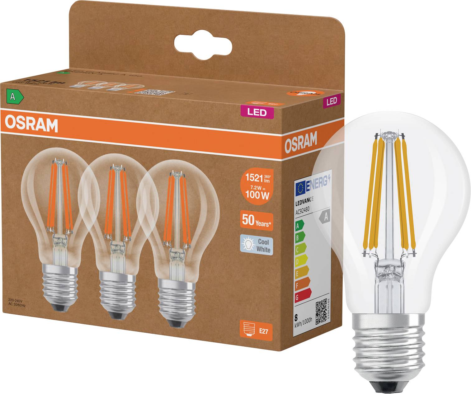 OSRAM LED svetilka v embalaži s tremi žarnicami prikazanimi na škatli in eno žarnico prikazano poleg nje, označeno z 1521 lumnov, 100W, hladna bela, E27.