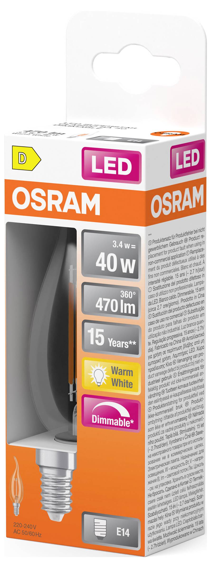 OSRAM HOMELIGHTING 4099854443817 LED EEK D (A - G) E14 svečasta oblika-oblika vetra 3.4 W toplo bela (Ø x V) 35.00 mm x -2