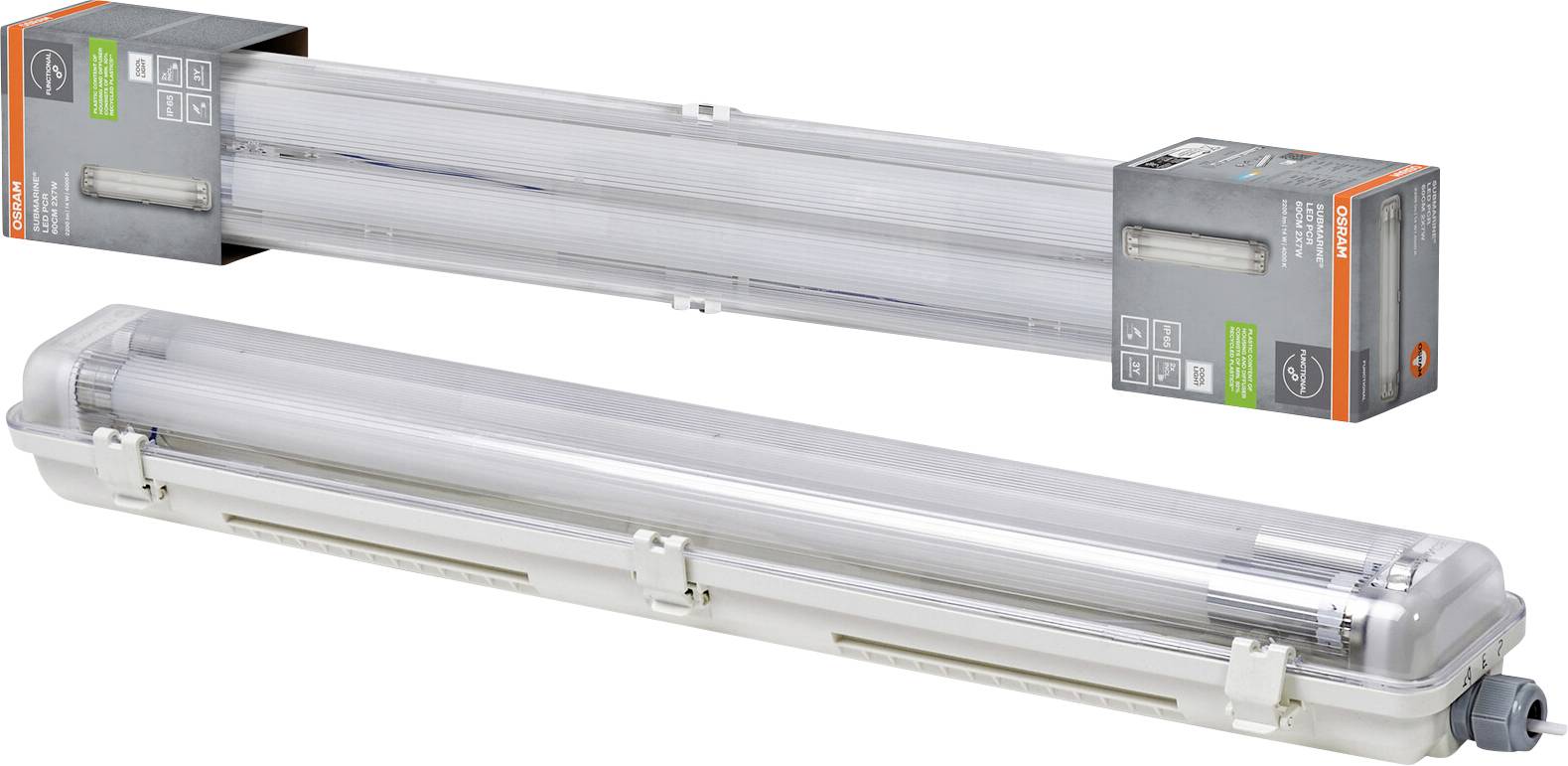 Dve dolgi LED cevni svetilki v maloprodajnem pakiranju, prikazani z odprtim prozirnim plastičnim ohišjem in pokrovkami na koncih.