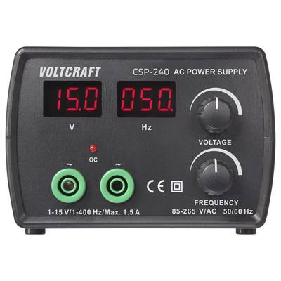 Sprednja plošča napajanja, na kateri je prikazano »15,0 V« in »050 Hz«, z gumbi za nastavljanje napetosti in frekvence, označena »VOLTCRAFT CSP-240«.
