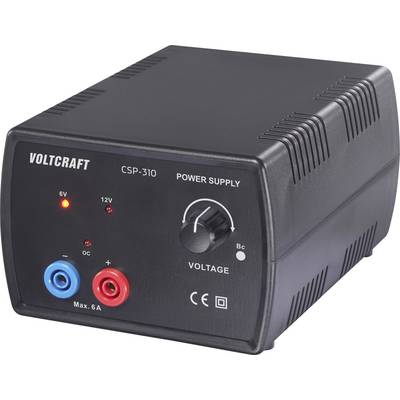 "Voltcraft CSP-310 Napajalni Uređaj" prikazuje črno enoto z nastavitvami napetosti. Ima vrtljivi gumb za napetost, rdeče in modre priključke ter indikatorske luči.
