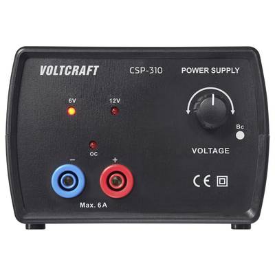 'Napajalni uređaj Voltcraft CSP-310' prikazuje merilnik napetosti, indikatorje 6V/12V, rdeče in modre sponke ter različne nalepke za varnost.