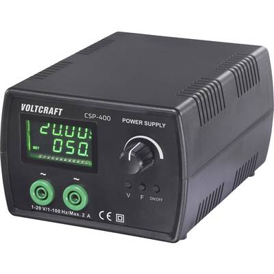 Črna napajalna enota Voltcraft CSP-400 s prikazom '20.00V' in '050' na digitalnem zaslonu s centralnim gumbom za nastavo.