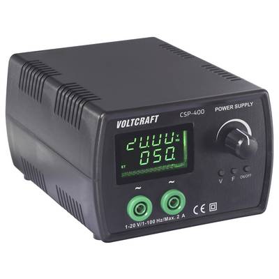 Napajalnik 'Voltcraft CSP-400' z digitalnim prikazom, na katerem sta vidni vrednosti '12.00V' in '050A'. Ima kontrolni gumb in zelene priključke.