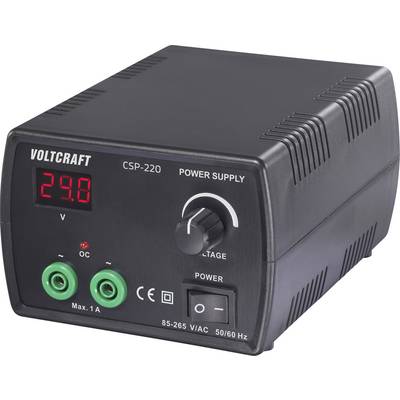 'Voltcraft CSP-220 napajanje' z rdečim LED zaslonom, ki prikazuje '29,8 V', vrtljivim gumbom za prilagoditev napetosti, zelenimi vtičnicami, stikalko za napajanje, oznako CE.