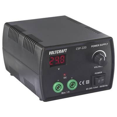 Črna napajalna enota Voltcraft CSP-220 s črkovnim zaslonom, na katerem je prikazano '29,8 V'. Ima gumb za nastavitev napetosti in dvojne priključke.
