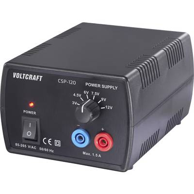 'Voltcraft CSP-120 Napajalni vir' z nastavljivo napetostnim gumbom (3V-12V) in največjo mocjo 1,5A. Ima stikalo za napajanje, indikator LED in dvojni izhodni priključka.