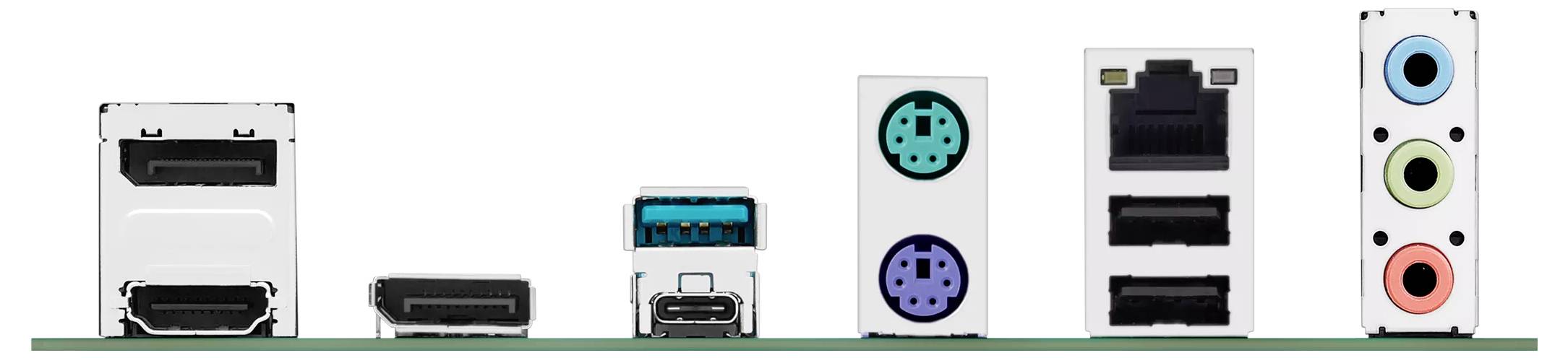 'Zadnja plošča matične plošče, ki prikazuje različne priključke, vključno z HDMI, USB, PS/2, Ethernetom in zvočnimi priključki.'