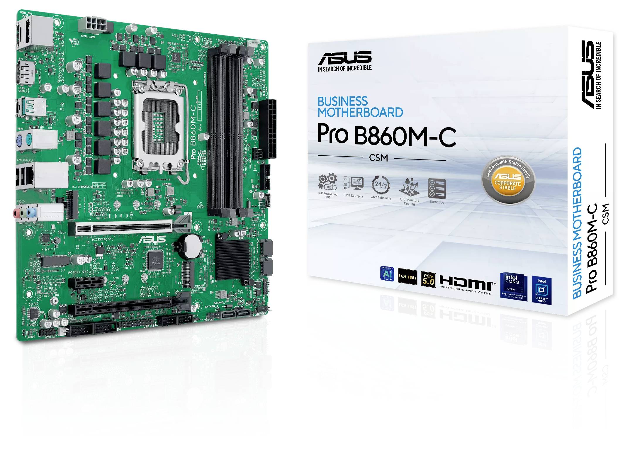 ASUS poslovna matična plošča Pro B860M-C prikazana skupaj z embalažno škatlo, ki poudarja lastnosti, kot so DDR5, PCIe 5.0 in podpora HDMI.