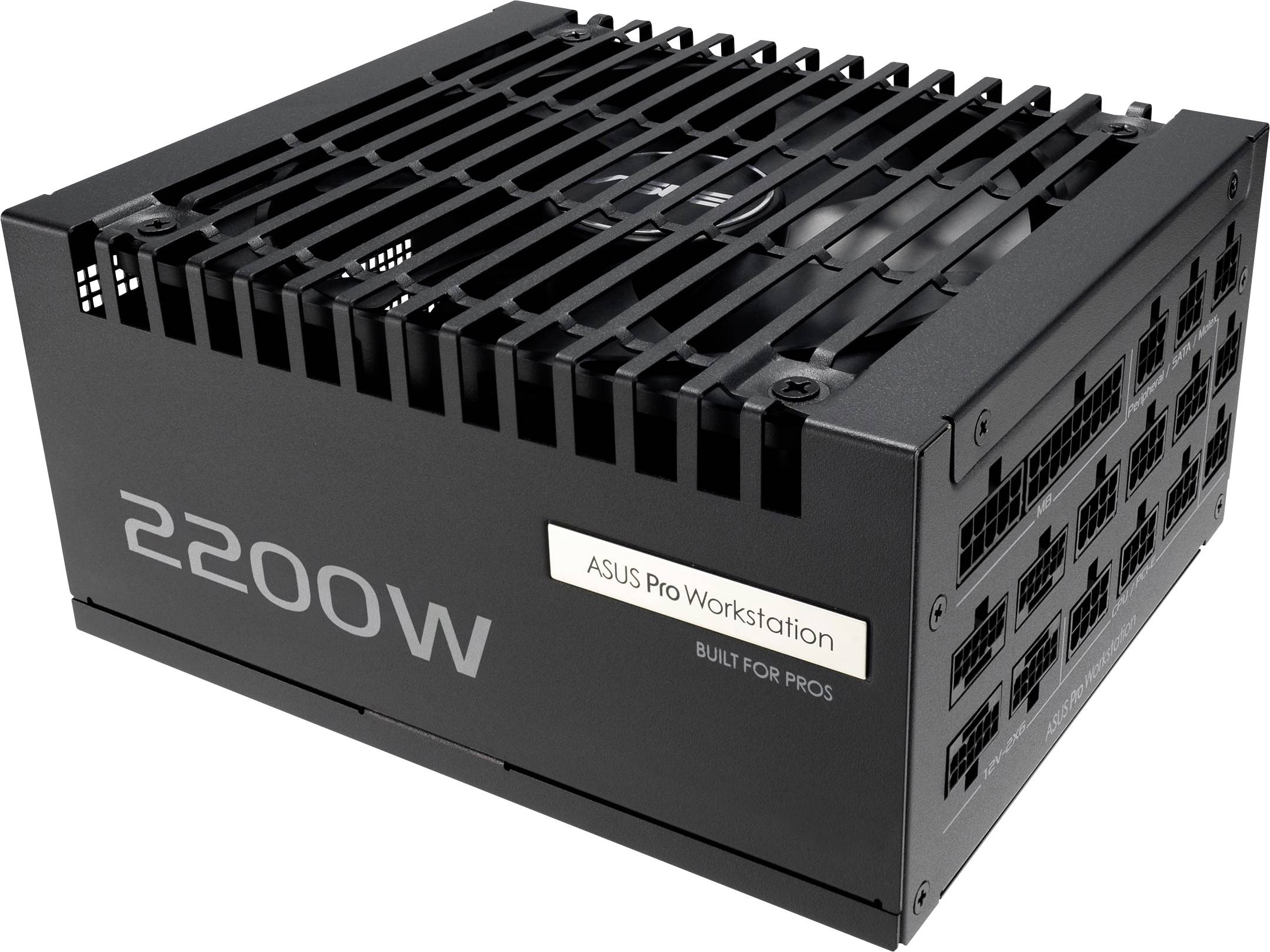 ASUS Pro Delovna postaja 2200W napajalnik z več priključki, zasnovan za visoko zmogljuno računalništvo in profesionalno uporabo.