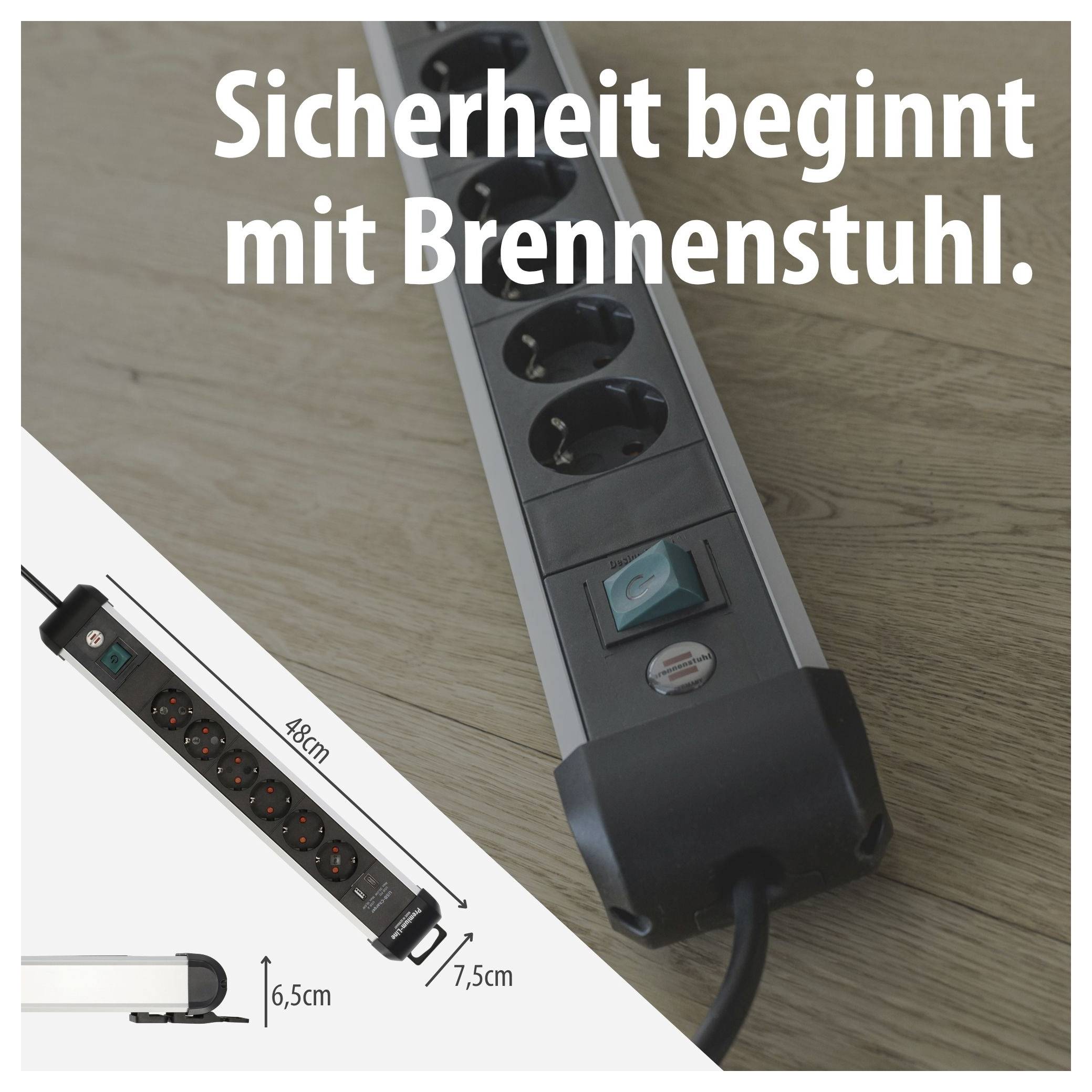 Večna razdelilna vtičnica Brennenstuhl na leseni podlagi s napisom 'Varnost se začne z Brennenstuhlem.'; Dimenzije proizvoda 48 cm, 7,5 cm in 6,5 cm.