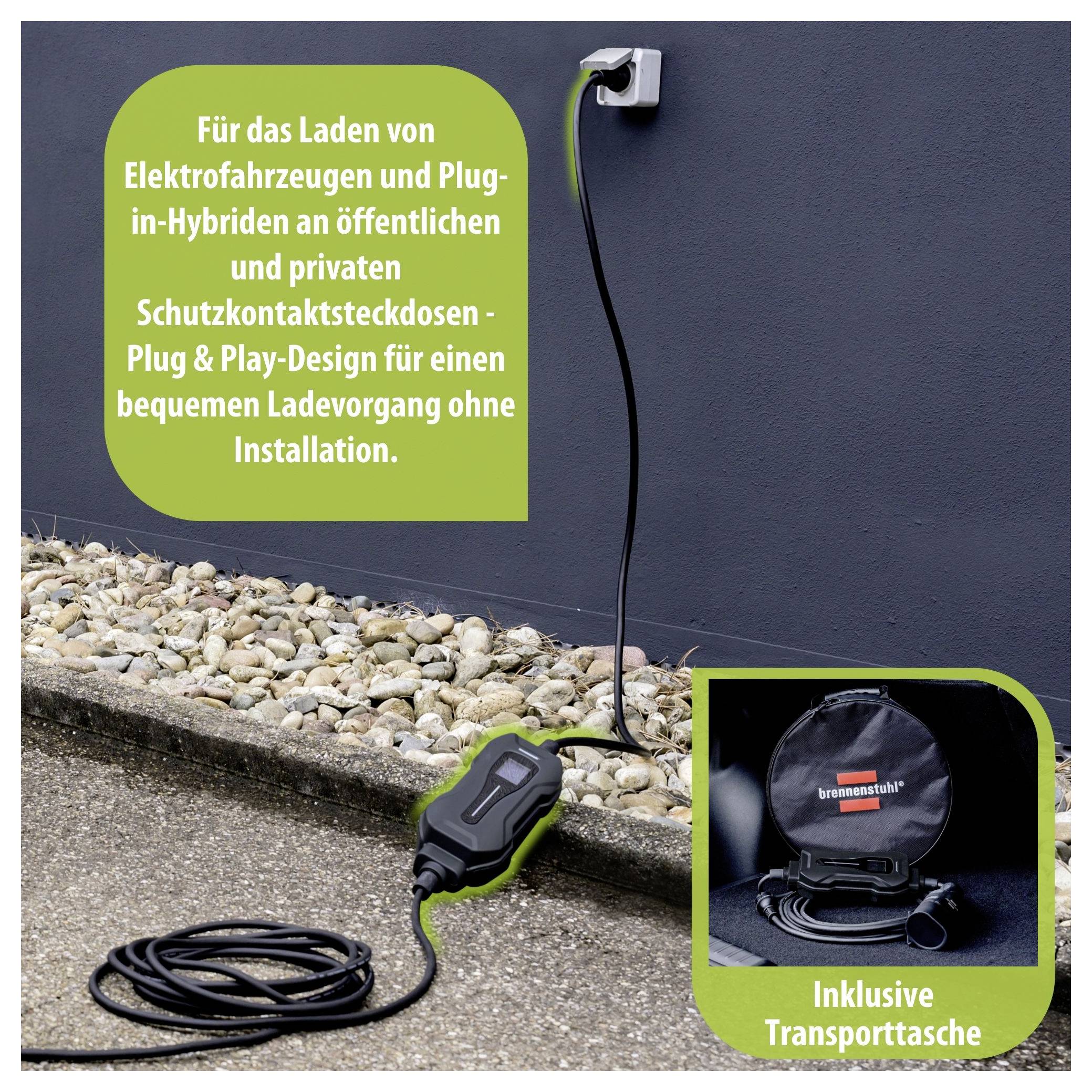 Mobilna polnilna postaja za električne avtomobile na vtičnici; besedilo oglašuje "Plug & Play" polnjenje brez namestitve, vključno s transportno torbo.
