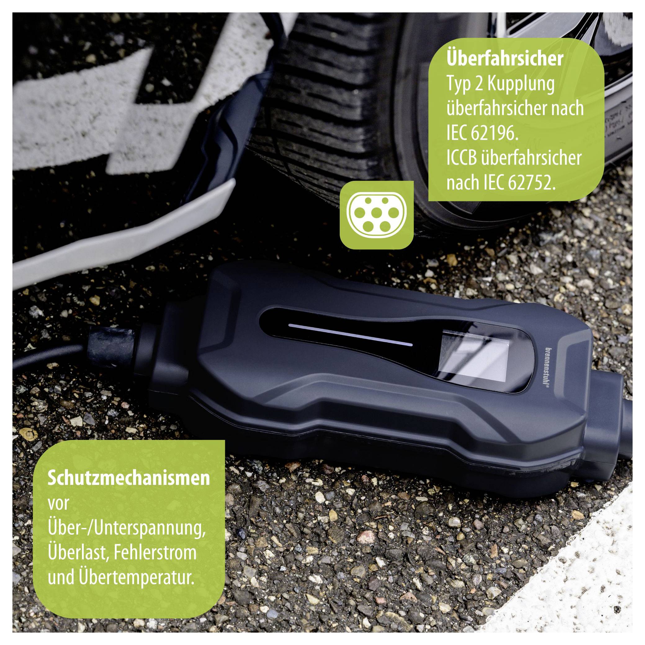 EV-polnilni kabel s priključkom Tip 2 in krmilno enoto; besedilo poudarja zaščitne mehanizme proti preobremenitvi/nizki napetosti, preobremenitvi, napaki v toku in previsoki temperaturi.