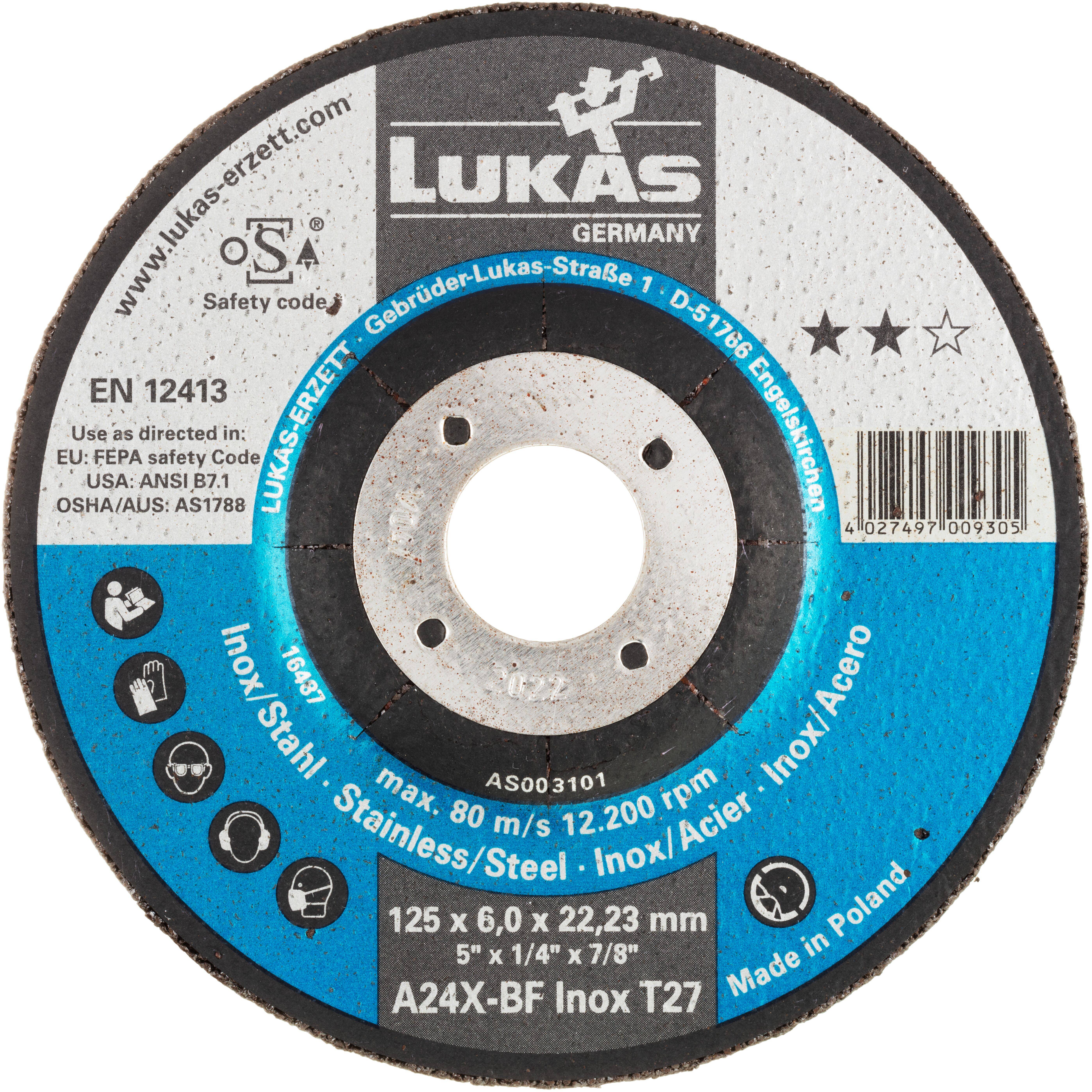 LUKAS-ERZETT AS003100V9802 T27 115x6,0x22,23 A24X-BF groba plošča za brušenje Premer 115 mm Vrtina-Ø 22.23 mm železova l-0