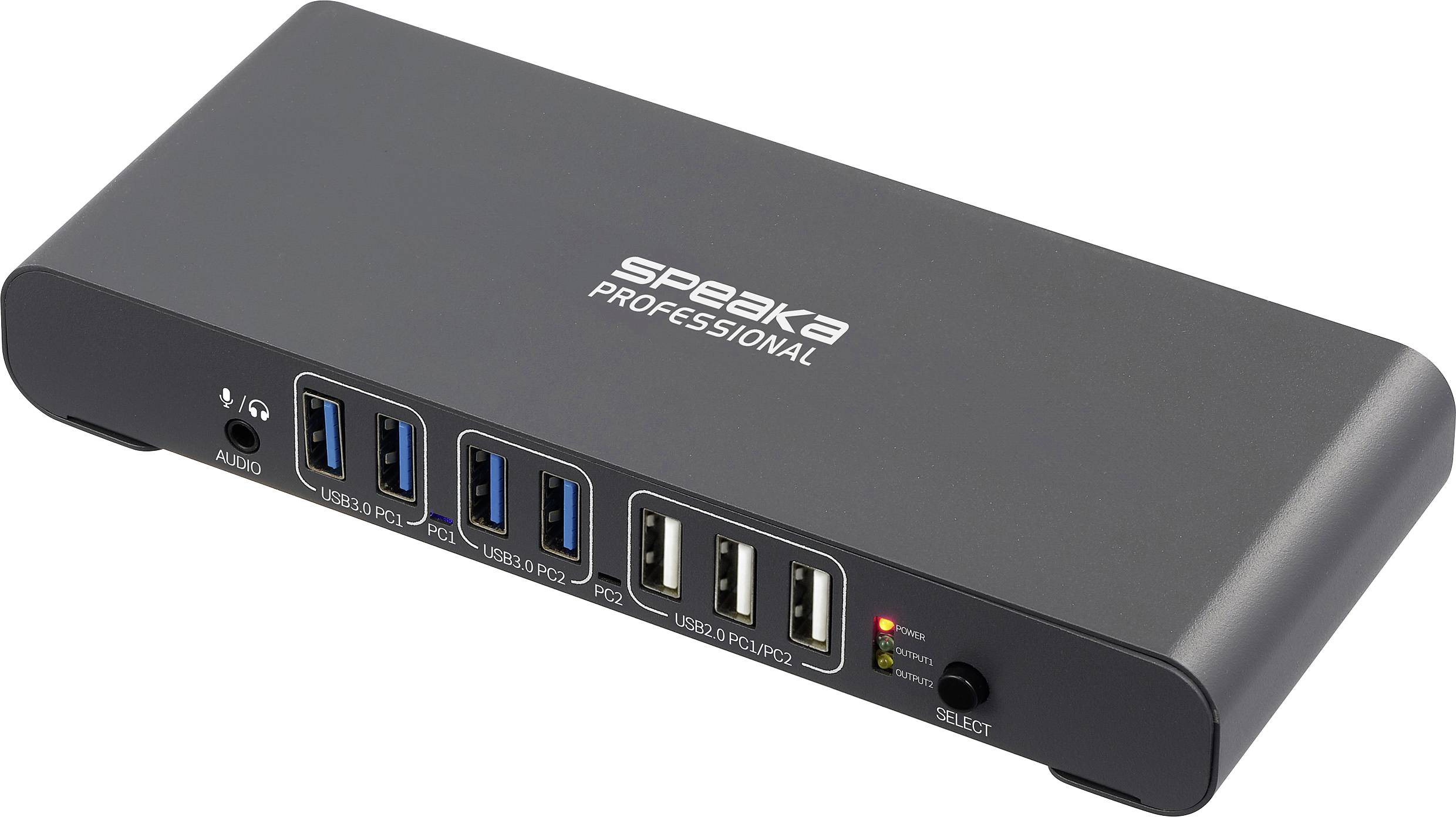 Črn USB stikalni hub s šestimi vrati, označenimi kot 'USB 3.0 PC1', 'USB 3.0 PC2', 'USB 3.0 PC3', 'USB 2.0 PLC/PC4' in 3,5-milimetrskim avdio priključkom.