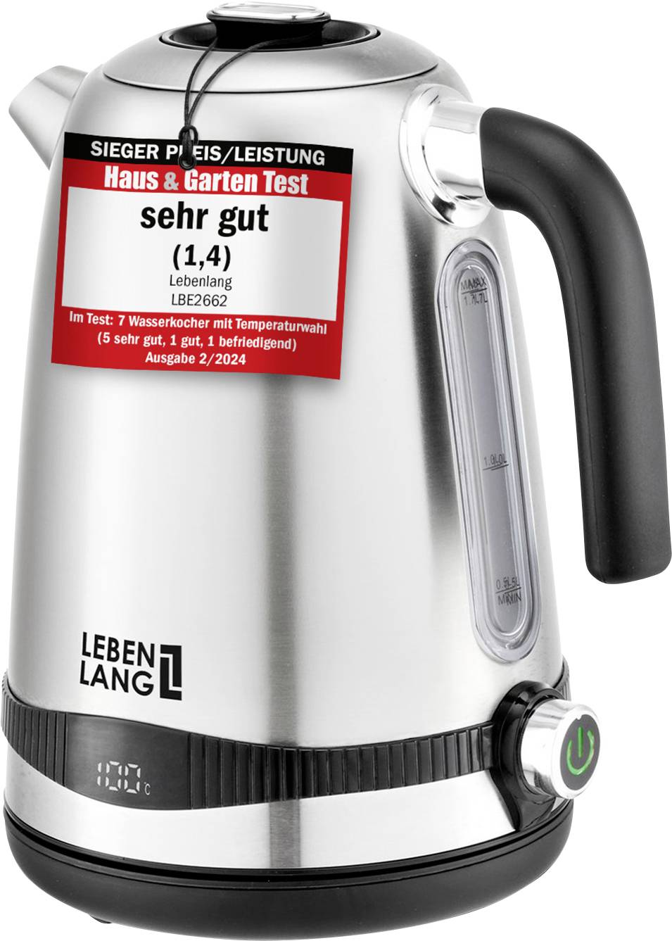 Lebenlang LBE2662 vodni kuhalnik brez BPA, z zaslonom legirano jeklo Prostornina: 1.7 l-0