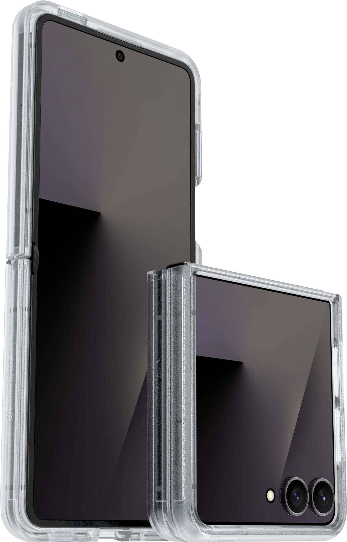 Dva pametna telefona s prozornima ohranjevalnima futrajema, eden zložen in drugi razprt, ki prikazujeta eleganten dizajn in dvojno zadnjo kamero.