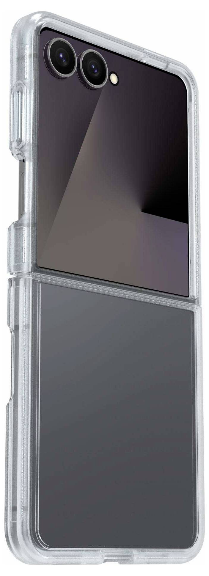 Zložljiv pametni telefon z dvojno zadnjo kamero in prozornim ovitkom, prikazan v pol odprtem položaju, ki poudarja njegov eleganten dizajn.