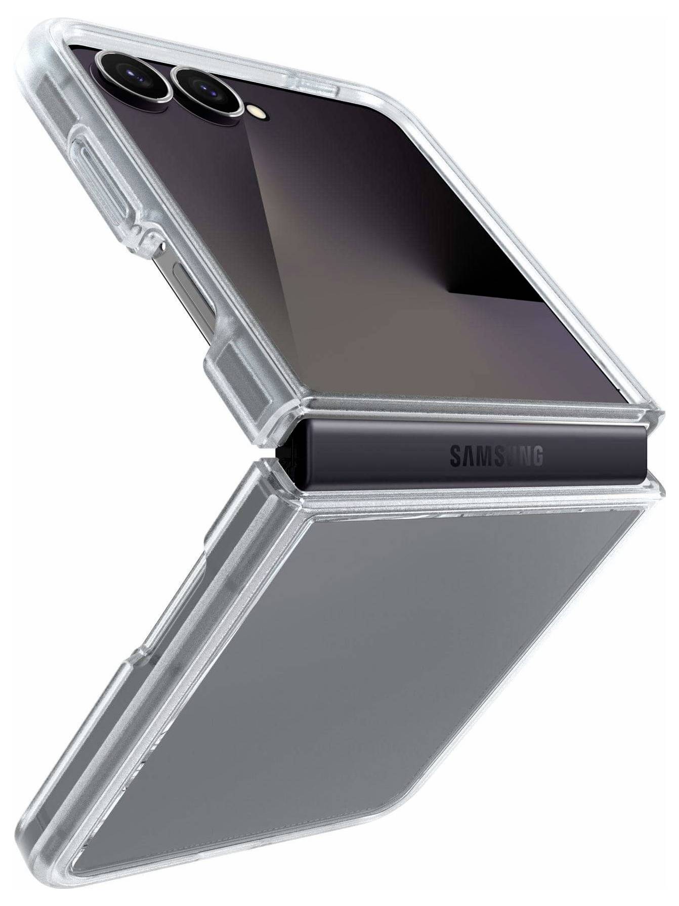 Pametni telefon z zložljivim zaslonom je delno razprt. Vidni sta dve kameri in telefon je v prosojnem zaščitnem ovitku.