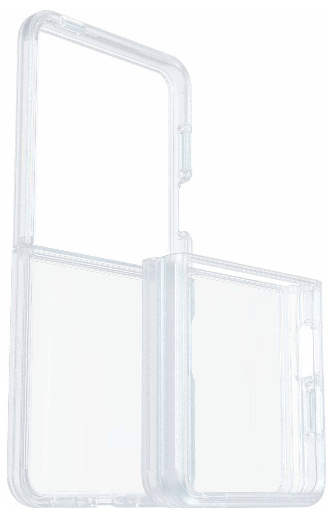 Prozoren ovitek za telefon, zasnovan za zložljiv pametni telefon, prikazan odprt, ki poudarja njegov prosojni material in zaščito tečaja.