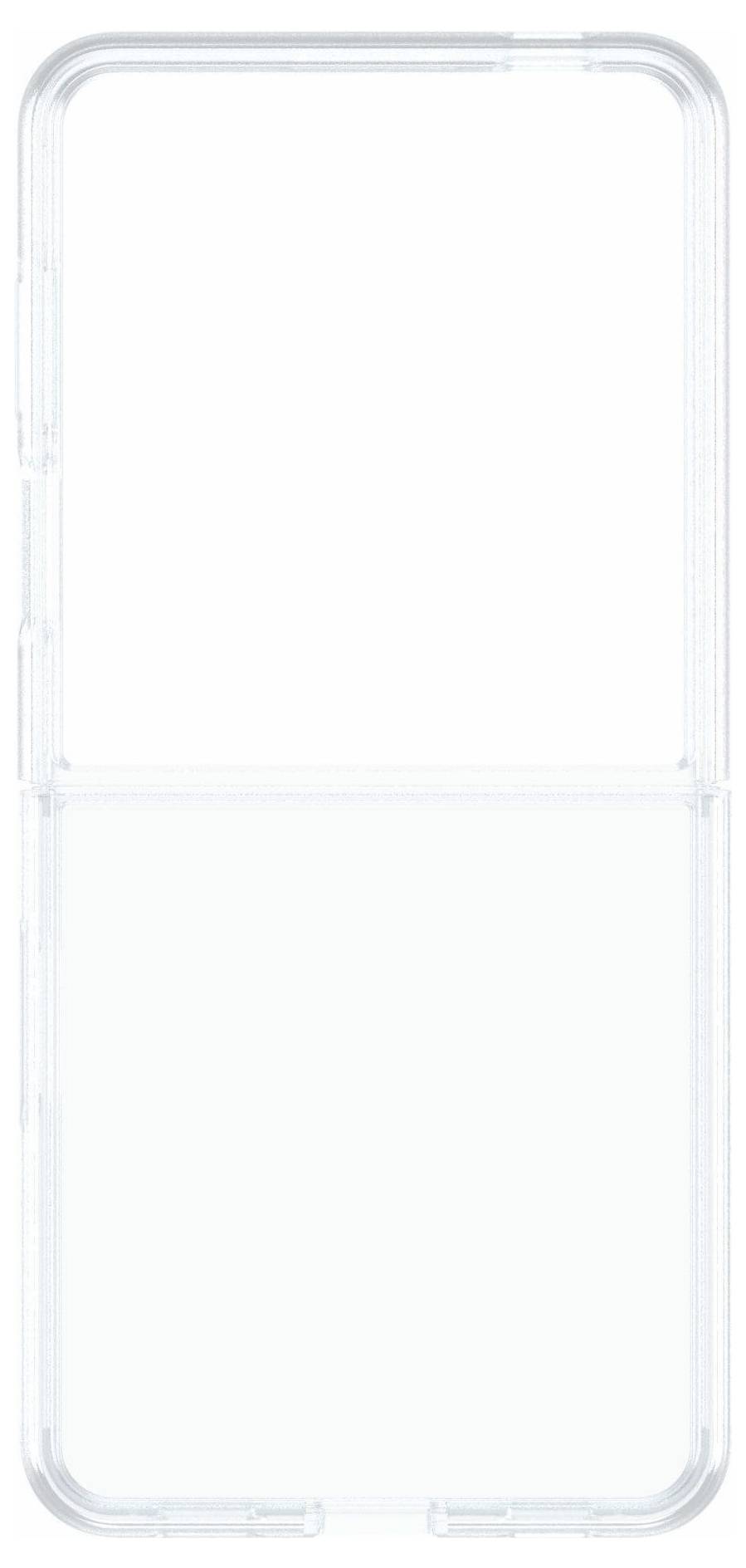 Prozoren ovitek za telefon za zložljiv pametni telefon, prikazan odprt s tečajem na sredini in natančnimi izrezi za gumbe in priključke.