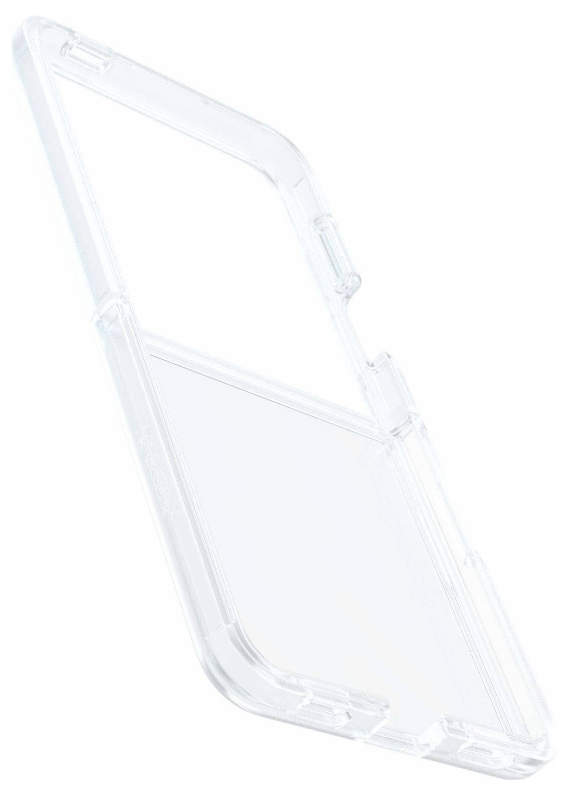 Prozoren mobilni ovitek, ki stoji pokončno, prikazuje transparenten material, primeren za zaščito, hkrati pa ohranja vidljivost in dizajn naprave.