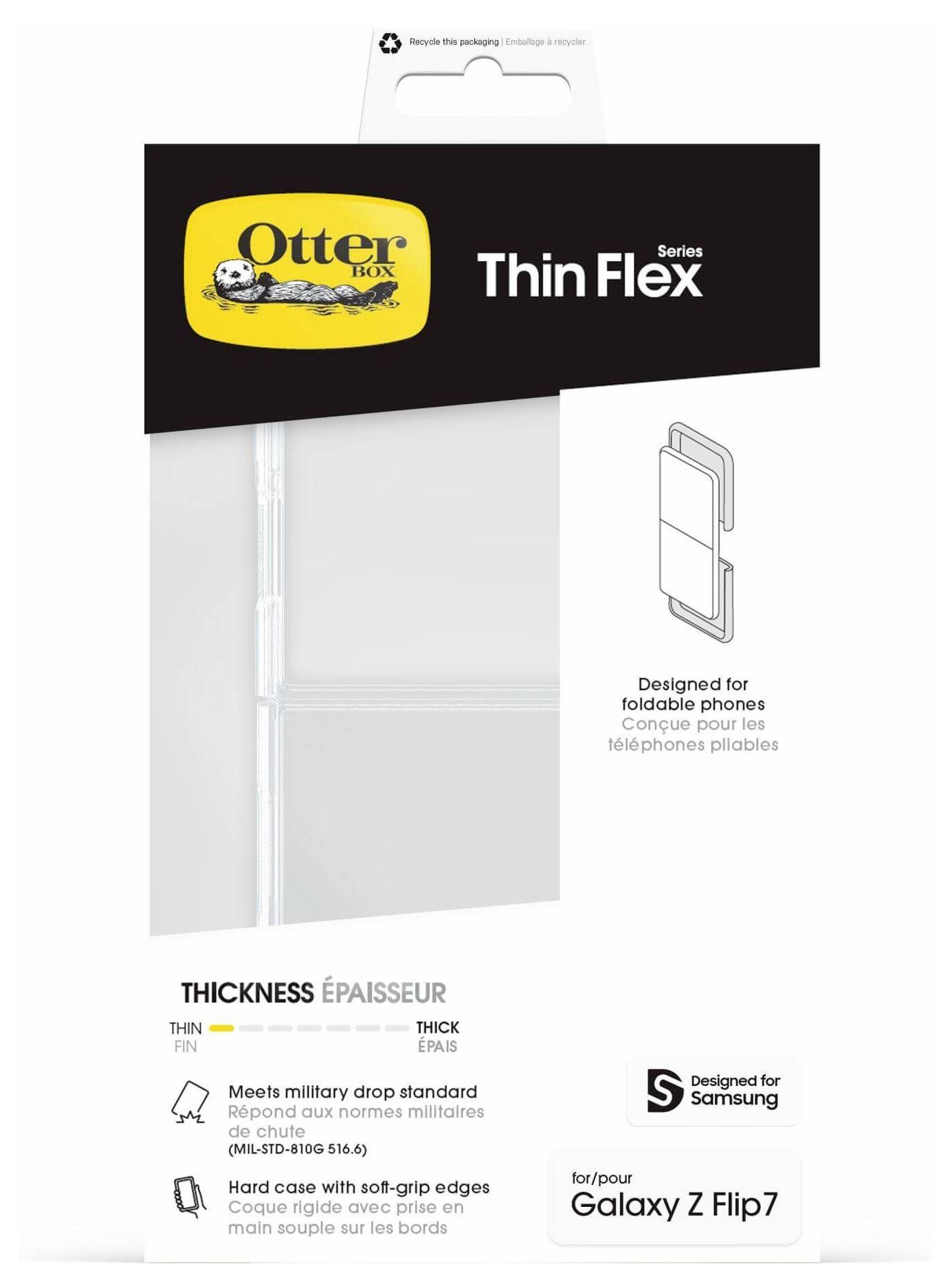 Embalaža 'Thin Flex' OtterBox za Galaxy Z Flip7, z upodobljenim ohišjem, ki se prilega zložljivemu telefonu. Odlikuje jo trpežna zasnova z nedrsečo površino.