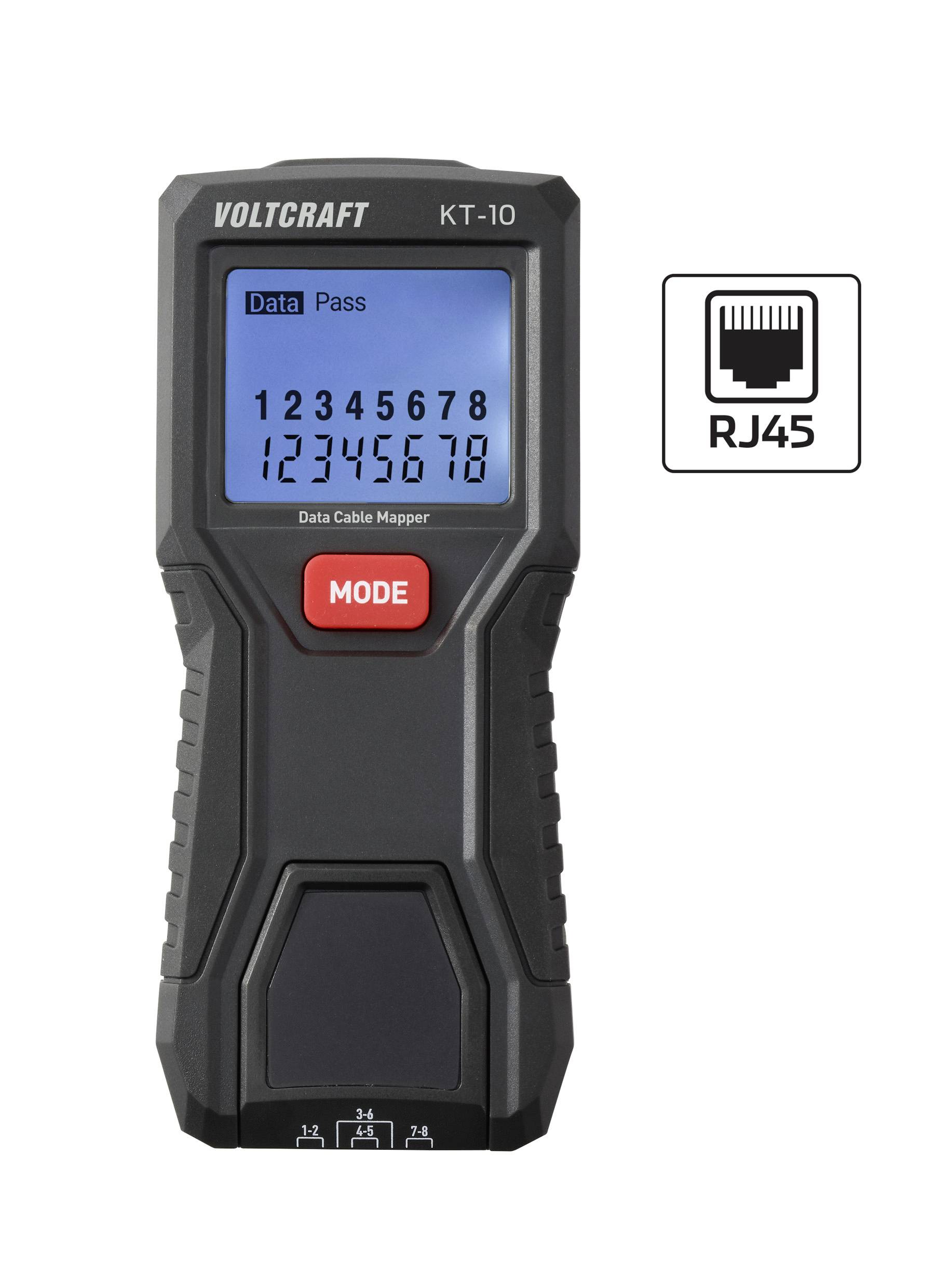 Ročni digitalni mapper podatkovnih kablov, označen z 'VOLTCARFT KT-10', z modrim zaslonom, ki prikazuje številke 1-8. Poleg njega je ikona 'RJ45'.