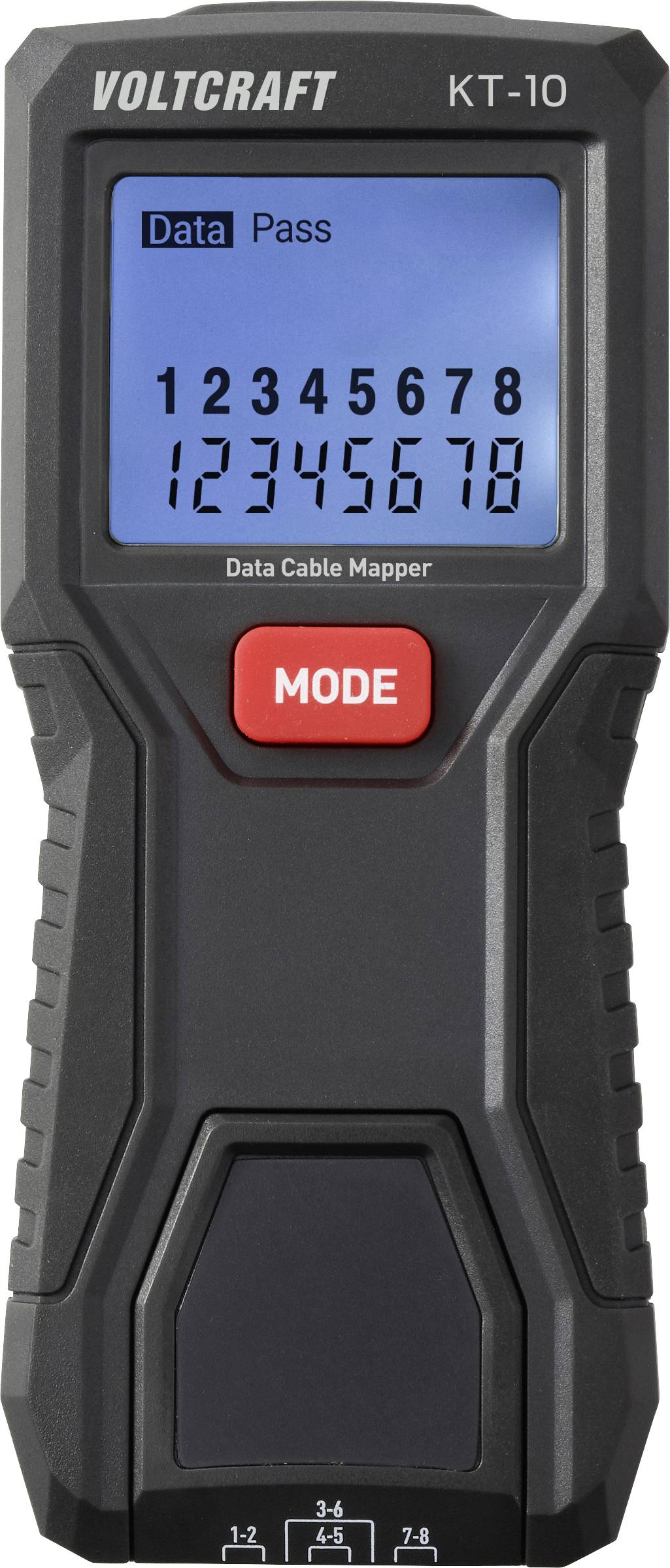 Voltcraft KT-10 kabelski mapper z digitalnim prikazom, ki prikazuje rezultate testa 'Pass' in oštevilčene priključke od 1 do 8.