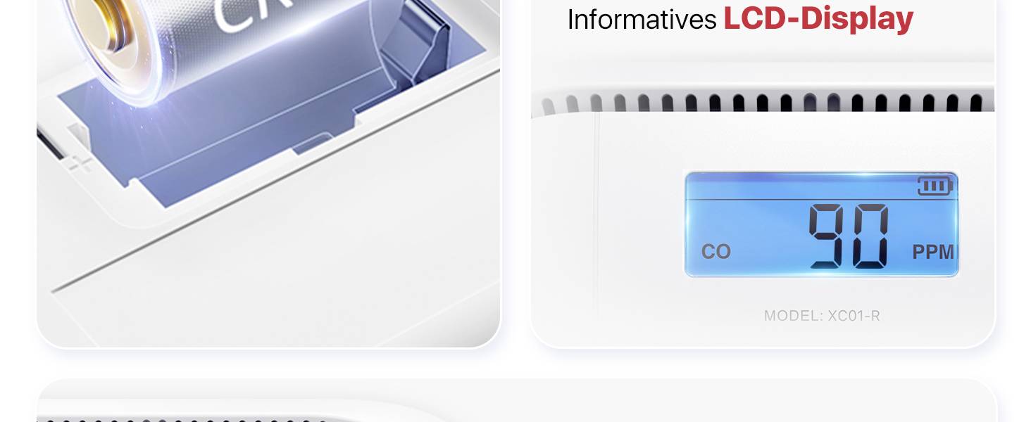 Slika prikazuje odprt prostor za baterijo z baterijo CR in LCD-zaslonom na napravi, kjer je prikazano 'CO 90 PPM'.