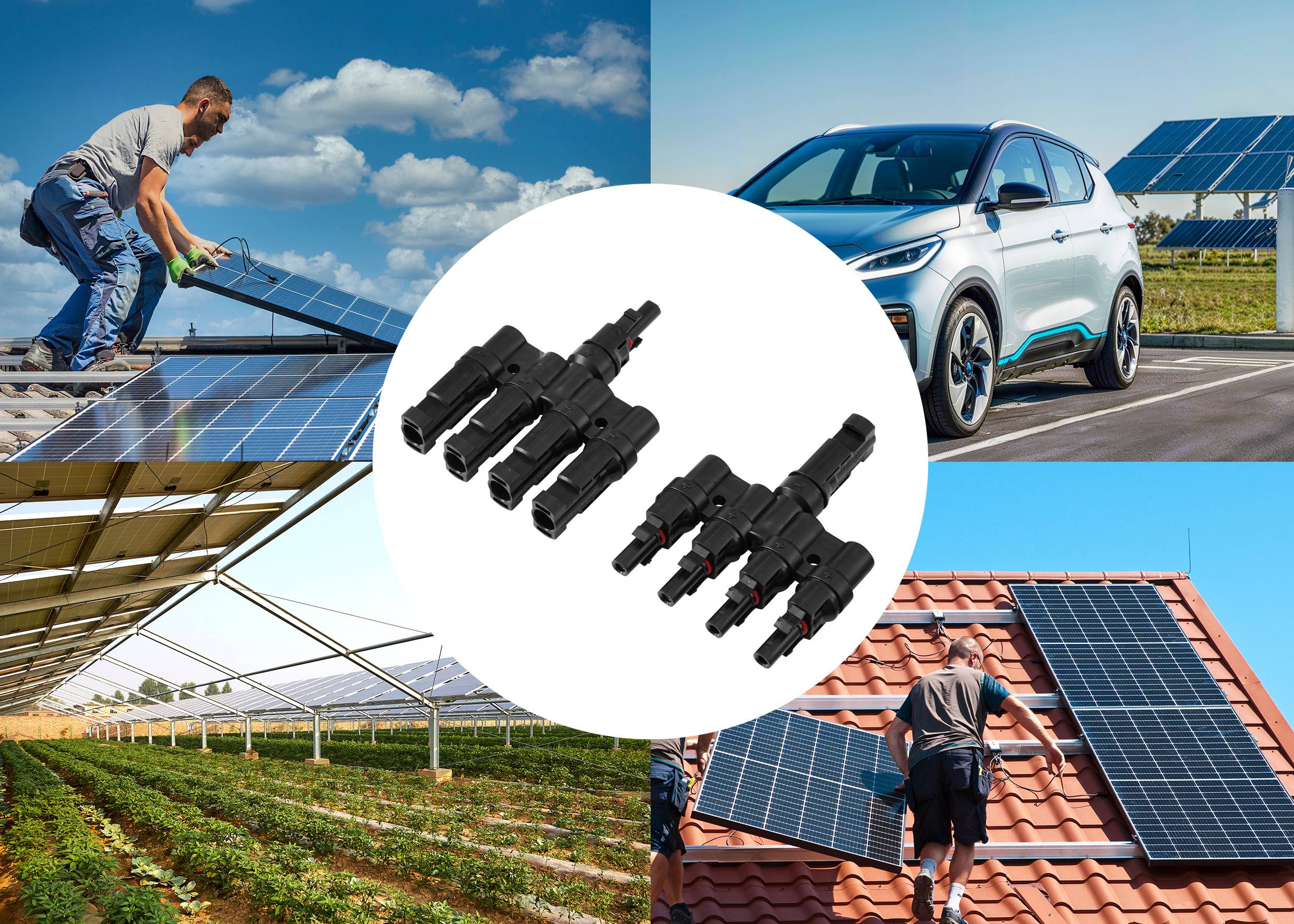 Kolaž, ki prikazuje namestitev solarnih panelov na različnih površinah, s poudarjenimi priključki v sredini, kar poudarja vsestranskost in uporabnost.