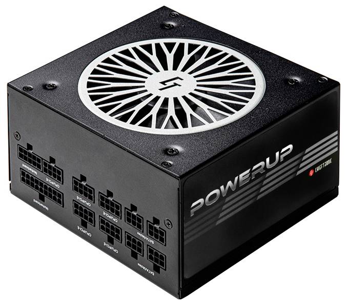 Črna enota napajalnika z oznako 'POWERUP' z več priključki in ventilatorjem za hlajenje na vrhu.