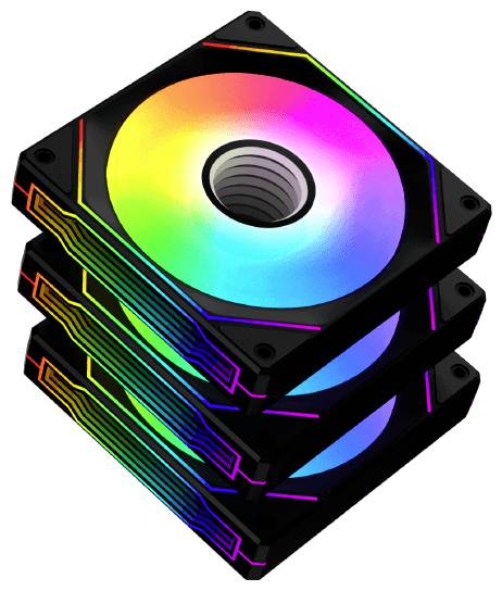 Sklad štirih RGB računalniških ventilatorjev z osvetljenimi večbarvnimi lučmi, ki poudarjajo živahen barvni spekter in elegantno obliko.
