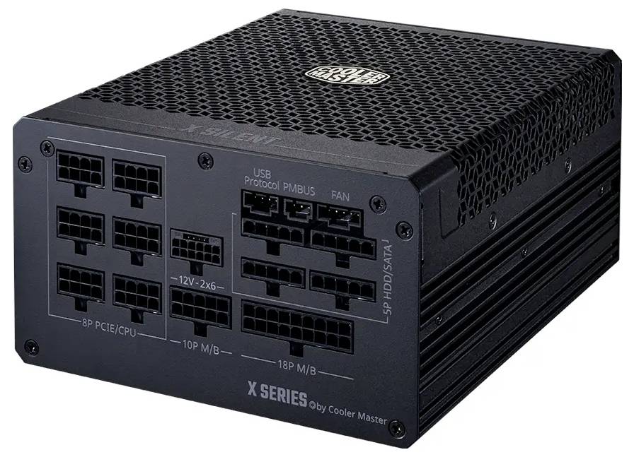 Črni računalniški napajalnik z večimi označenimi priključki za različne povezave, vključno s PCIe/CPU, SATA in priključki za matično ploščo.