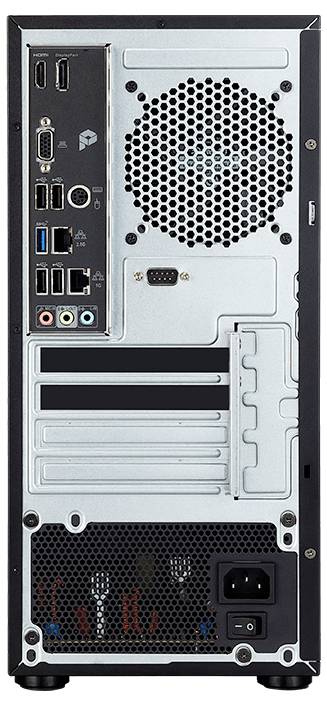 Pogled zadnje strani računalniškega ohišja, ki prikazuje priključke za USB, HDMI, VGA, zvok in Ethernet, z vidnim hladilnim ventilatorjem in napajalnikom.