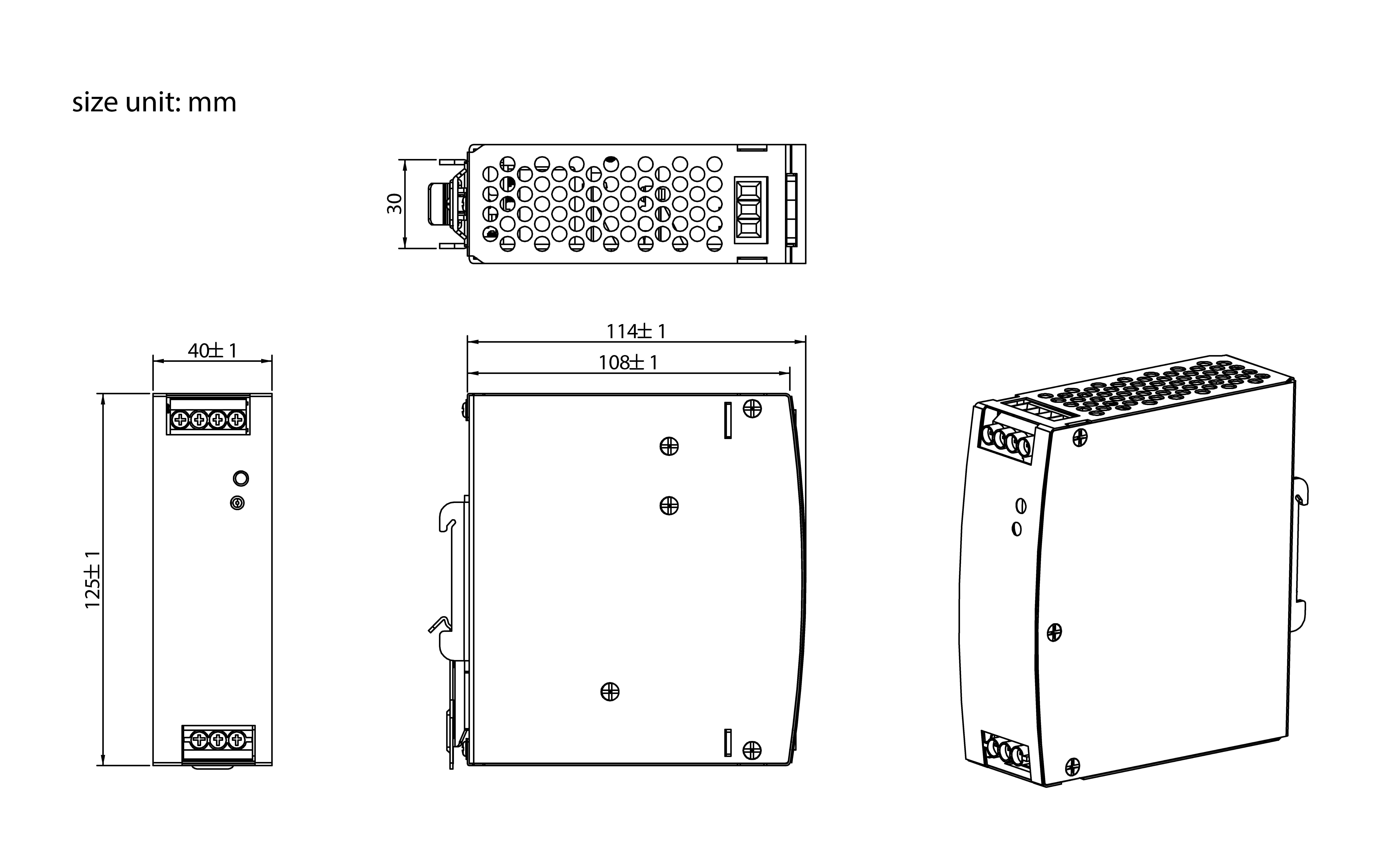 Tehnični diagram elektronske komponente, ki prikazuje sprednji, stranski in zgornji pogled z dimenzijami: 114x128x30 mm. Enota velikosti: mm.
