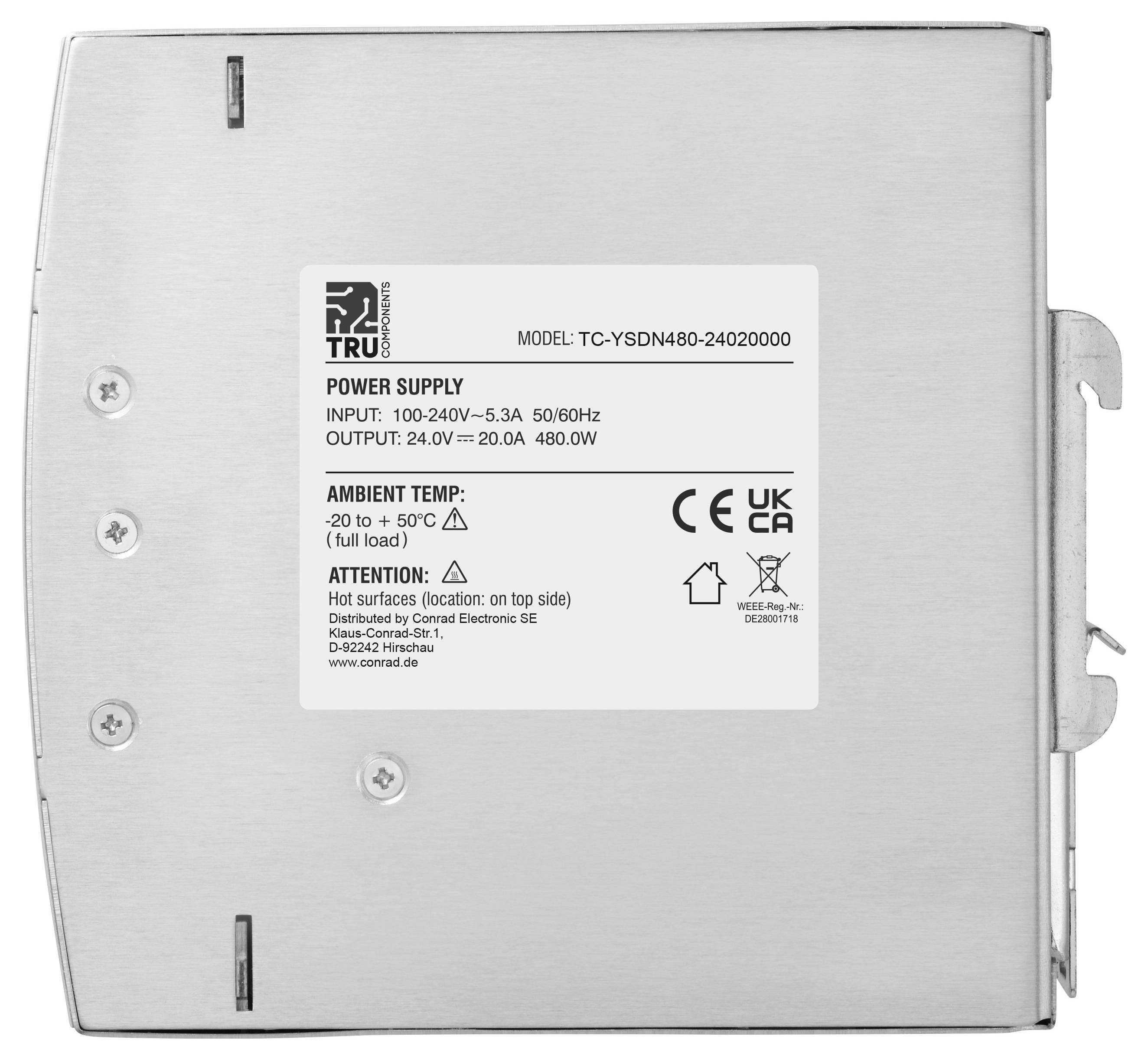 Srebrna kovinska naprava za napajanje z nalepko, ki prikazuje model TC-YSDN480-24020000, vhod 100-240V in izhod 24,0V 20,0A 480W, ter varnostna opozorila in oznake CE/UKCA.