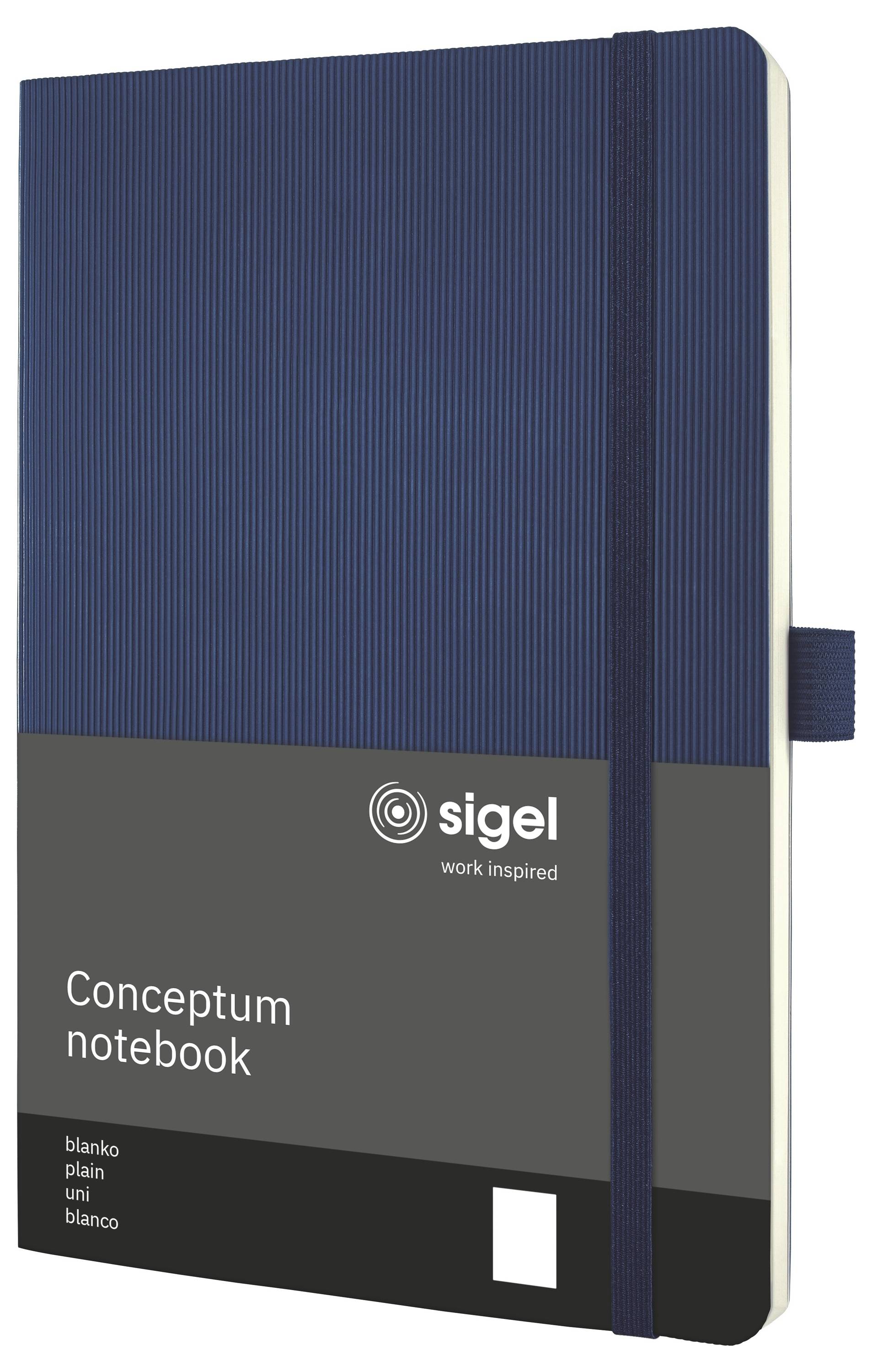 Temno modra Sigel Conceptum zvezka z elastičnim zapiralom, prikazana kot produktna slika s "conceptum notebook" na naslovnici.