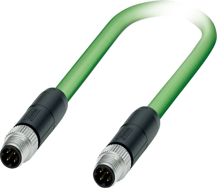 Zeleni kabel M12 s svetlim vtičem predstavlja robustno povezljivost, primerno za industrijske aplikacije.