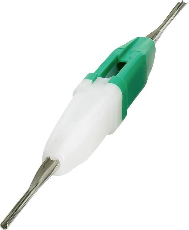 Zeleno-belo plastično orodje s kovinastima koncema, verjetno priključek ali žični pripomoček, uporabljen v elektroniki ali električnih delih.
