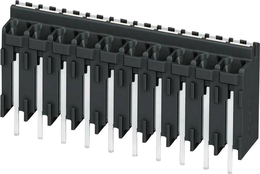 Črni elektronski priključek z več navpičnimi kovinskimi priključki, ki se uporablja za povezovanje tiskanih vezij.