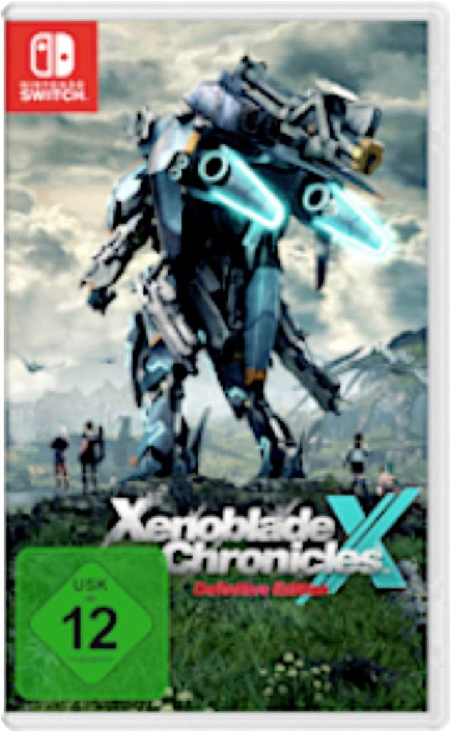 Naslovna stran 'Xenoblade Chronicles X: Definitive Edition' za Nintendo Switch, ki prikazuje veliko modro in črno robotsko figura v bujni pokrajini.