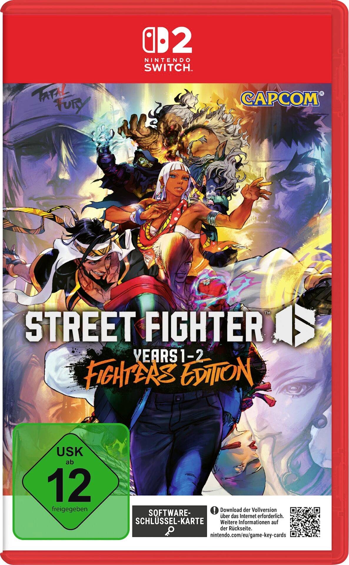 Platforma Street Fighter 1-2 Fighter's Edition za Nintendo Switch podjetja Capcom. Vsebuje živahno umetniško delo z liki. Ocenjeno z USK 12.
