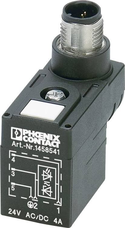 'Relejna naprava Phoenix Contact, model Art.-Nr.1458541, 24V AC/DC, 4A, z diagrafmom priključkov za vhod/izhod in priključkom na vrhu.'